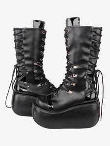 Gothic Lolita Boots PU Leather Two-Tone Grommets Round Toe Black Lolita Footwear