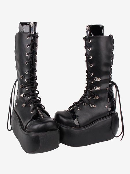 Gothic Lolita Boots PU Leather Two-Tone Grommets Round Toe Black Lolita Footwear