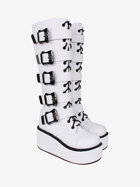 Gothic Lolita Boots PU Leather Two-Tone Grommets Round Toe White Lolita Footwear