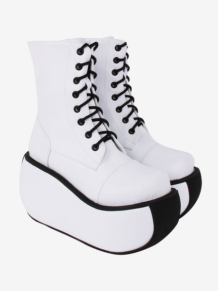 Gothic Lolita Boots PU Leather Woven Grommets Round Toe White Lolita Footwear