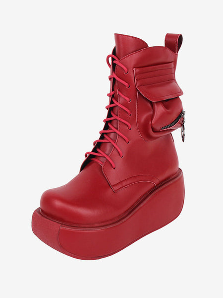 Gothic Lolita Boots Red PU Round Toe PU Leather Lolita Footwear