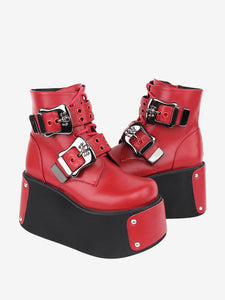 Gothic Lolita Boots Red Round Toe PU Leather Lolita Footwear