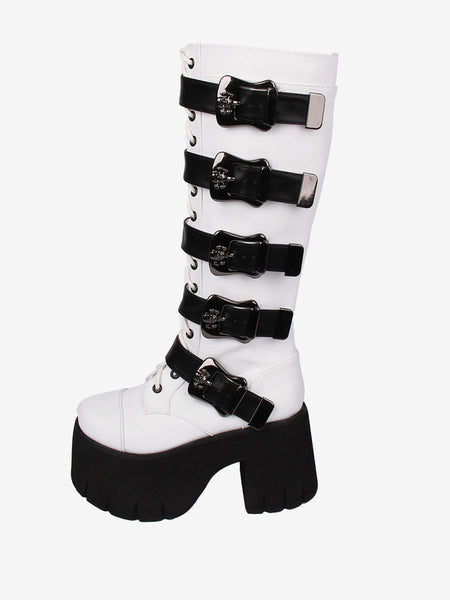 Gothic Lolita Boots White Grommets Skeleton Round Toe PU Leather Lolita Footwear