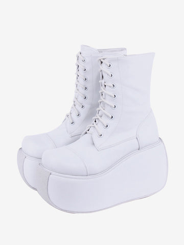 Gothic Lolita Boots White Grommets Two-Tone Round Toe PU Leather Lolita Footwear