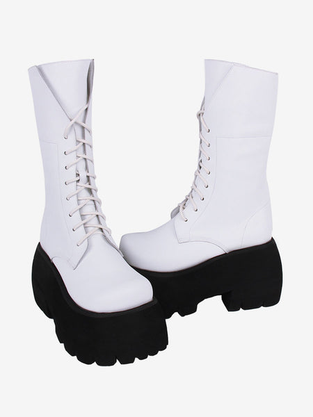 Gothic Lolita Boots White PU Round Toe PU Leather Lolita Footwear