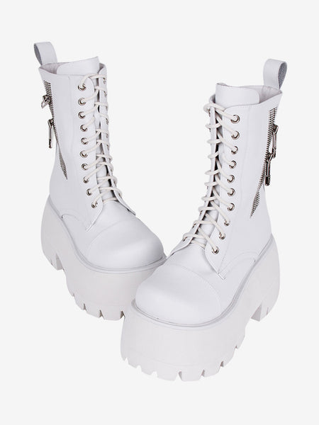 Gothic Lolita Boots White PU Round Toe PU Leather Lolita Footwear