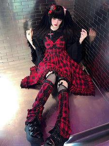 Gothic Lolita Dress Ruffles Lace up Bows Plaid Sleeveless Red Lolita Jumper Skirts