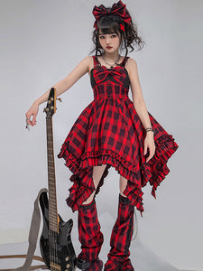 Gothic Lolita Dress Ruffles Lace up Bows Plaid Sleeveless Red Lolita Jumper Skirts