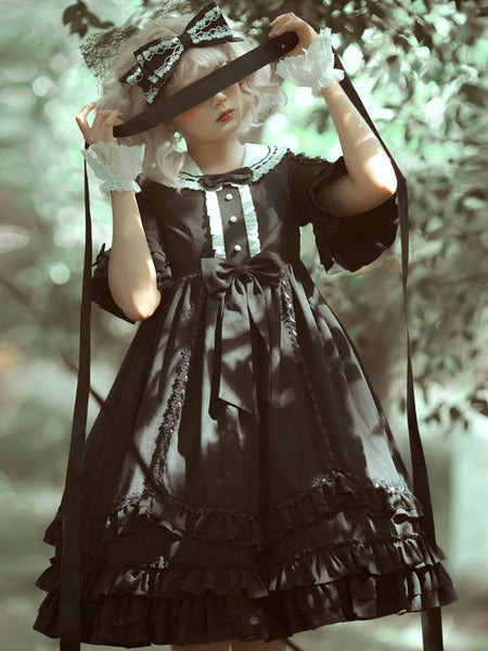 Gothic Lolita Dresses Bows Lace Black