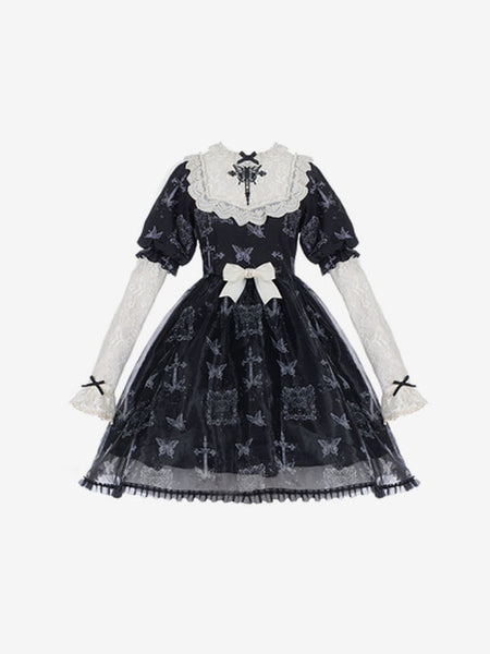 Gothic Lolita Dresses Bows Lace Butterfly Pattern Black Black