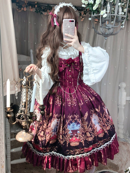Gothic Lolita Dresses Bows Lace Floral Print Burgundy Burgundy