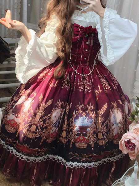 Gothic Lolita Dresses Bows Lace Floral Print Burgundy Burgundy