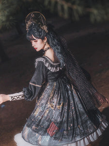 Gothic Lolita Dresses Bows Ruffles Floral Print Black