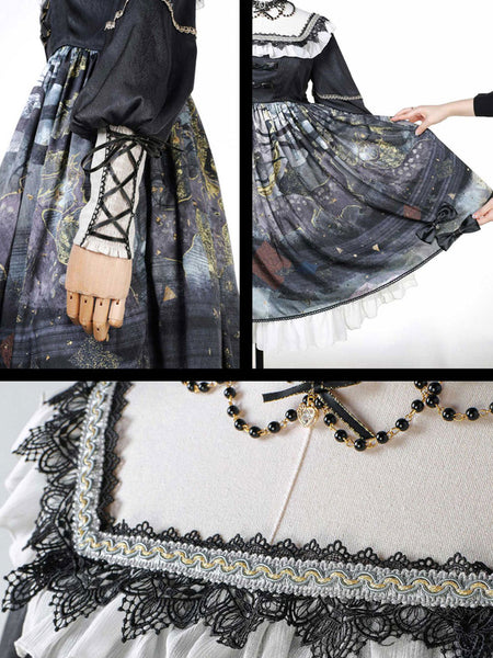 Gothic Lolita Dresses Bows Ruffles Floral Print Black