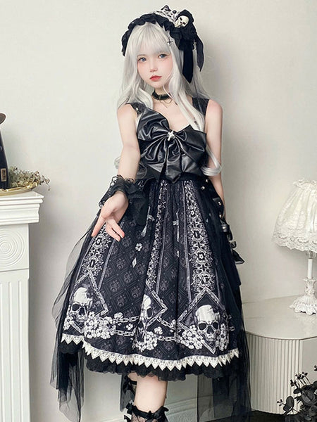 Gothic Lolita Dresses Bows Ruffles Floral Print Black Black