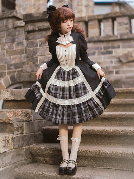 Gothic Lolita Dresses Bows Ruffles Plaid Black Black