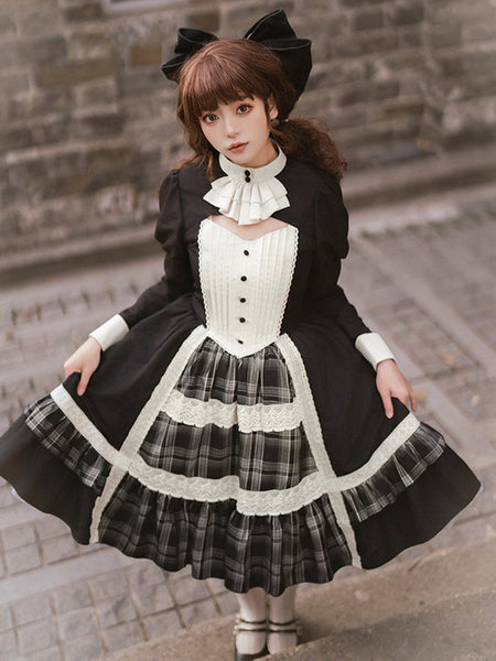 Gothic Lolita Dresses Bows Ruffles Plaid Black Black