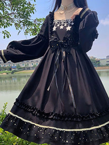 Gothic Lolita Dresses Bows Ruffles Stars Print Black