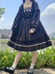 Gothic Lolita Dresses Bows Ruffles Stars Print Black