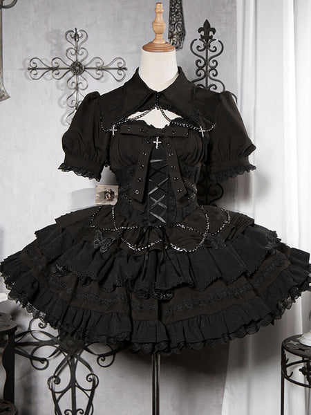 Gothic Lolita Dresses Chains Ruffles Cross Black Black
