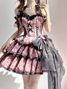 Gothic Lolita Dresses Flowers Ruffles Floral Print Pink Pink