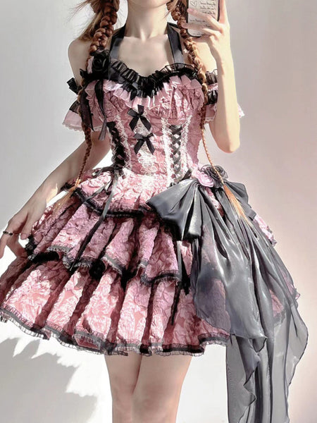 Gothic Lolita Dresses Flowers Ruffles Floral Print Pink Pink