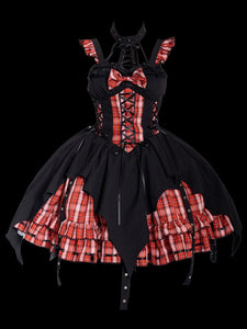 Gothic Lolita Dresses Grommets Lace Up Plaid Black Red
