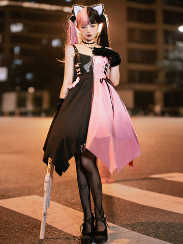 Gothic Lolita Dresses Grommets Lace Up Two-Tone Black Black