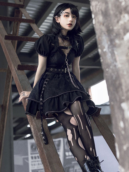 Gothic Lolita Dresses Grommets Ruffles Black