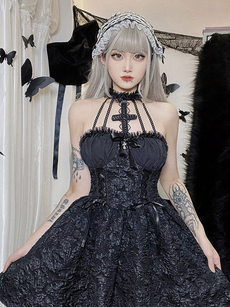 Gothic Lolita Dresses Jumper Skirt Ruffles Jacquard Black