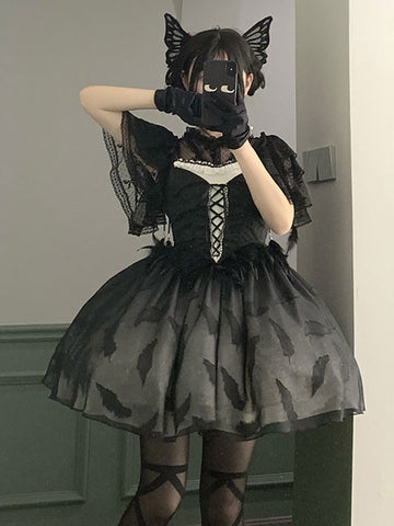 Gothic Lolita Dresses Lace Floral Print Black Black