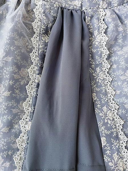 Gothic Lolita Dresses Lace Floral Print Blue Gray Blue Gray