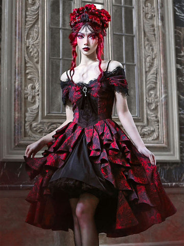 Gothic Lolita Dresses Lace Floral Print Red