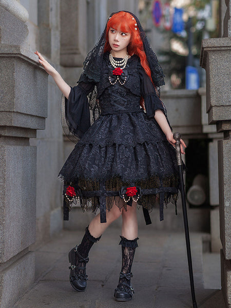 Gothic Lolita Dresses Lace Up Black Black