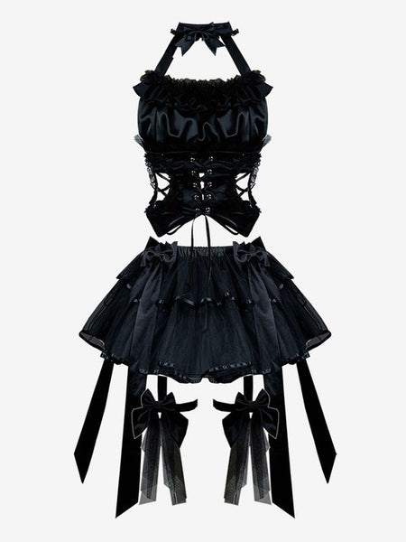 Gothic Lolita Dresses Lace Up Bows Black Black