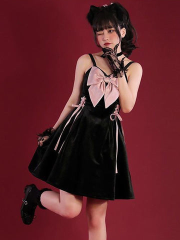 Gothic Lolita Dresses Lace Up Bows Black Pink
