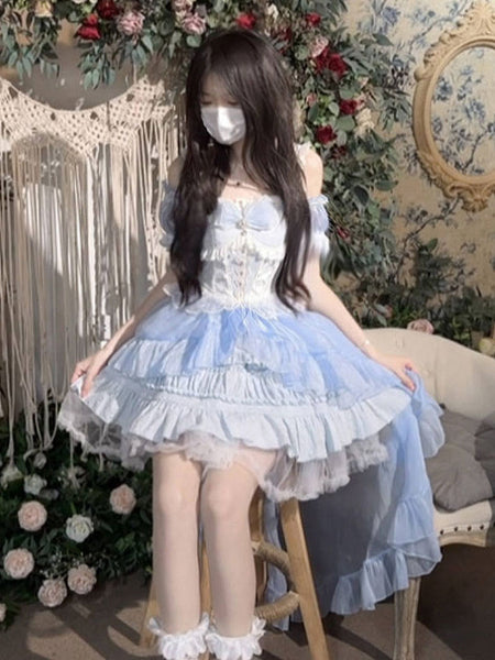 Gothic Lolita Dresses Lace Up Bows White Light Sky Blue