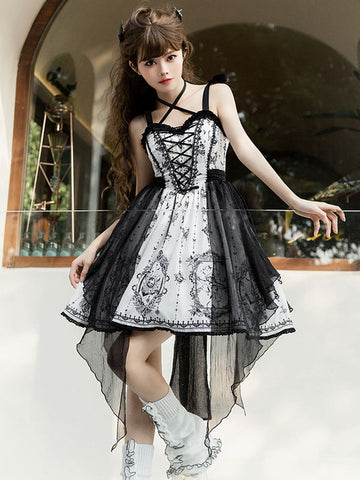 Gothic Lolita Dresses Lace Up Lace Floral Print Black Black