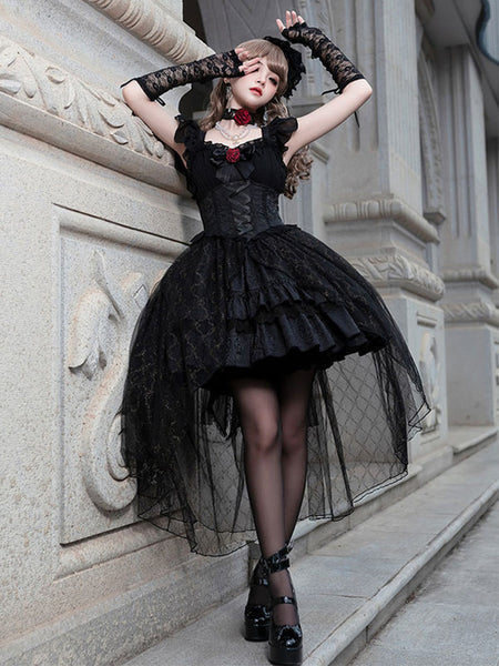 Gothic Lolita Dresses Lace Up Lace Jacquard Black
