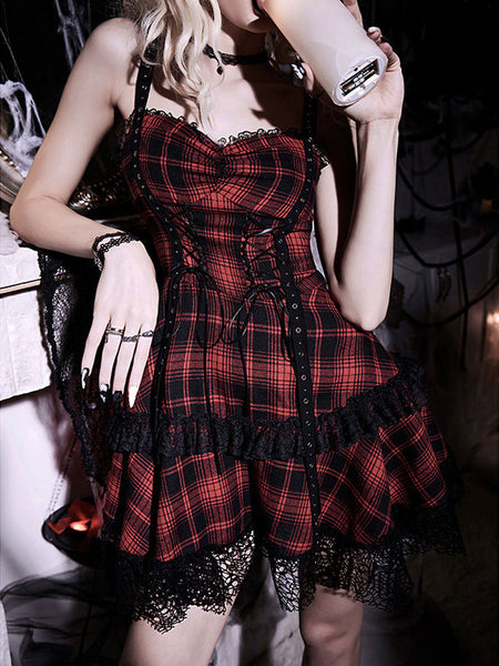 Gothic Lolita Dresses Lace Up Ruffles Plaid Red Red