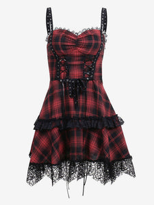 Gothic Lolita Dresses Lace Up Ruffles Plaid Red Red
