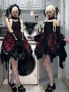 Gothic Lolita Dresses Lace Bows Butterfly Pattern Rose Pattern White Red