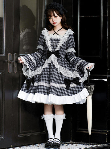 Gothic Lolita Dresses Lace Ruffles Plaid Black Black