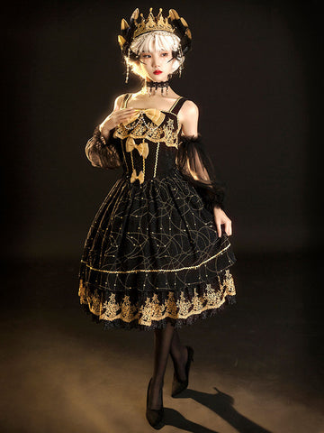 Gothic Lolita Dresses Metal Details Lace Stars Print Black