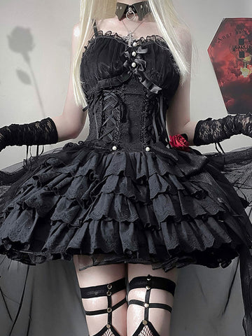 Gothic Lolita Dresses Pearls Bows Black White Adjustable Elastic
