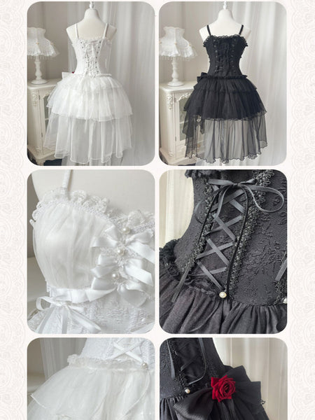 Gothic Lolita Dresses Pearls Bows Black White Adjustable Elastic