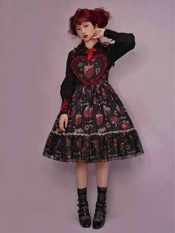 Gothic Lolita Dresses Ruffles Stars Print Black Black