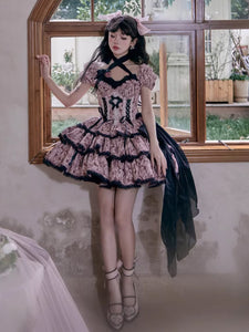 Gothic Lolita Dresses Ruffles Bows Floral Print Pink Pink