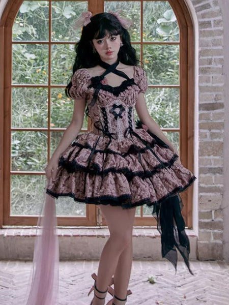 Gothic Lolita Dresses Ruffles Bows Floral Print Pink Pink