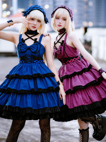 Gothic Lolita Dresses Ruffles Bows Plaid Rose Blue